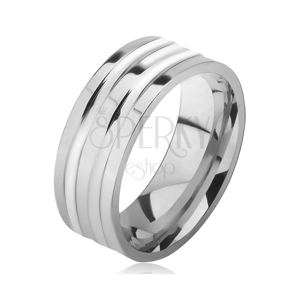 Ocelový prsten stříbrné barvy, lesklý, dvě široké rýhy