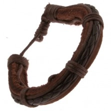 Kožený náramek čokoládově hnědé barvy, pletený pás a šňůrky