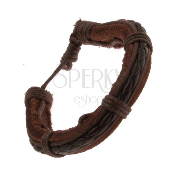 Kožený náramek čokoládově hnědé barvy, pletený pás a šňůrky