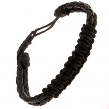 Černý kožený náramek, dva pletence, zaplétaný šňůrkový pás