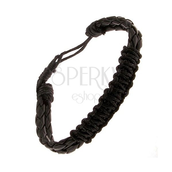 Černý kožený náramek, dva pletence, zaplétaný šňůrkový pás