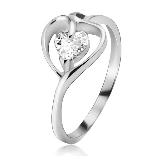 Stříbrný prsten 925, kontura srdce s čirým zirkonem - Velikost: 51