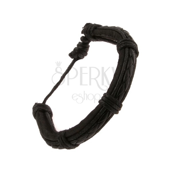 Černý kožený náramek, zaplétaný pás a šńůrky