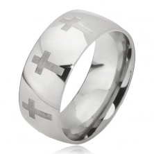 Prsten z oceli - lesklá stříbrná obroučka, matný latinský kříž