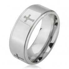 Lesklý ocelový prsten - stříbrný kroužek, vyrytý matný kříž, snížený okraj