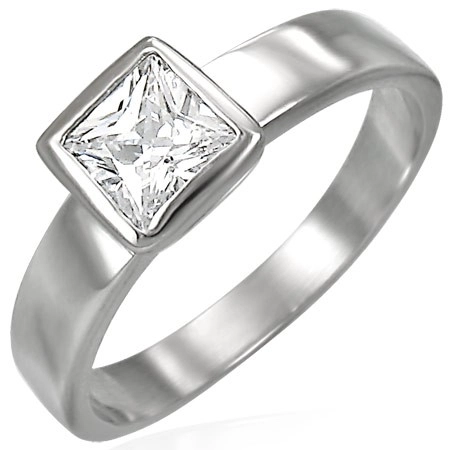 Ocelový prsten stříbrné barvy, čirý čtvercový zirkon v objímce - Velikost: 57