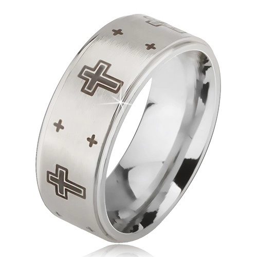 Prsten z oceli - stříbrná obroučka s matným středem, potisk kříže - Velikost: 65