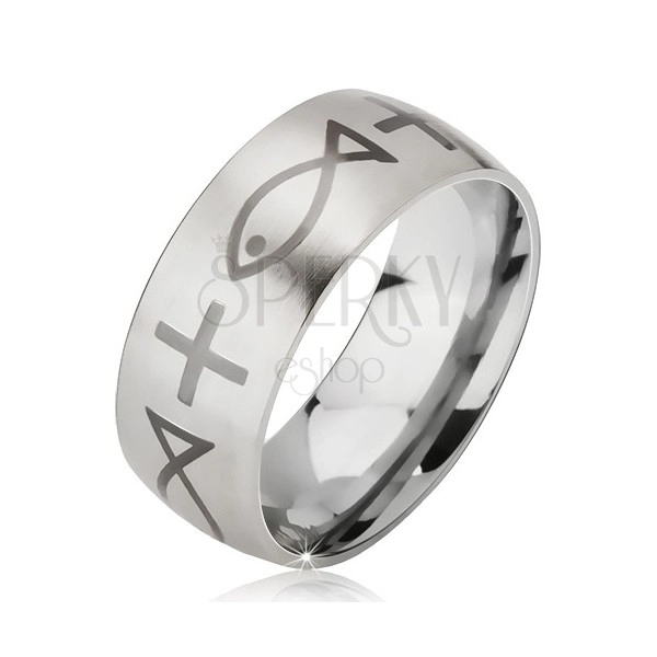 Matný ocelový prsten - stříbrná obroučka, potisk kříže a ryby