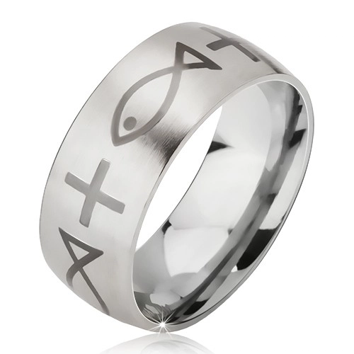 Matný ocelový prsten - stříbrná obroučka, potisk kříže a ryby - Velikost: 65
