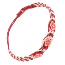 Náramek ze šňůrek - béžovo-červený, malé růžovočervené FIMO květinky
