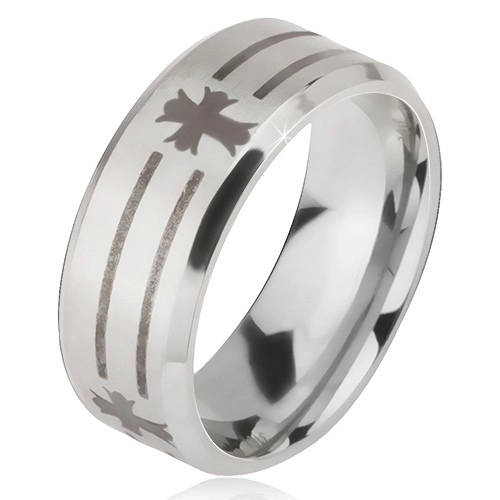 Matný ocelový prsten - stříbrná obroučka na prst, potisk pásů a kříže - Velikost: 58