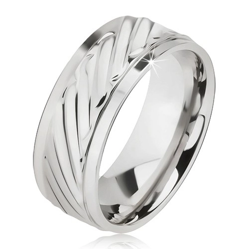Lesklý prsten z oceli - obroučka se šikmými rýhami, snížené okraje - Velikost: 65