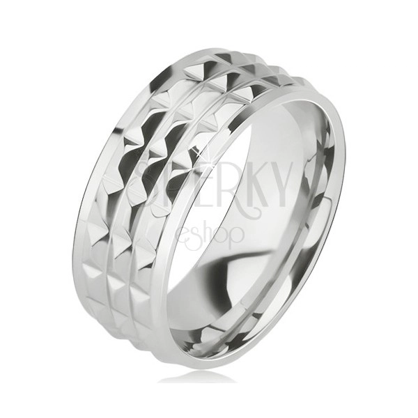 Lesklý ocelový prsten - stříbrná obroučka na prst, ozdobné diamantové plošky