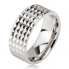Lesklý ocelový prsten - stříbrná obroučka na prst, drobné blyštivé pyramidy