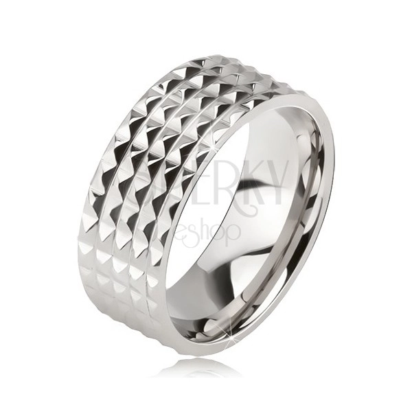 Lesklý ocelový prsten - stříbrná obroučka na prst, drobné blyštivé pyramidy