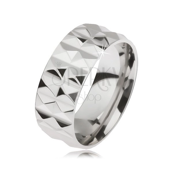 Blyštivý ocelový prsten stříbrné barvy s diamantovým řezem, dvě řady