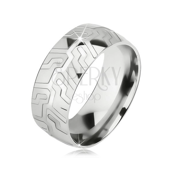 Ocelový prsten stříbrné barvy, strukturovaný dezén pneumatiky