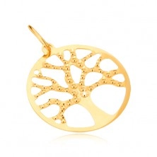 Přívěsek ze žlutého zlata 14K - strom života, kruhový rámeček, gravírovaný 