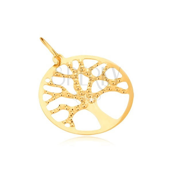 Přívěsek ze žlutého zlata 14K - strom života, kruhový rámeček, gravírovaný 