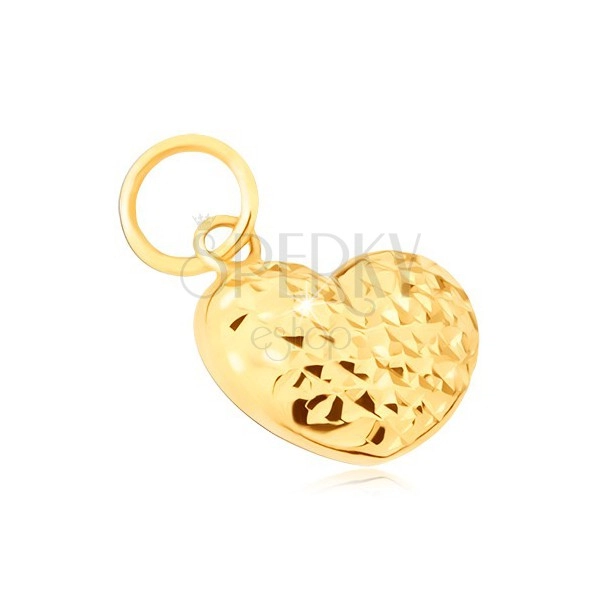 Zlatý přívěsek 585 - pravidelné 3D srdce zdobené diamantovým řezem