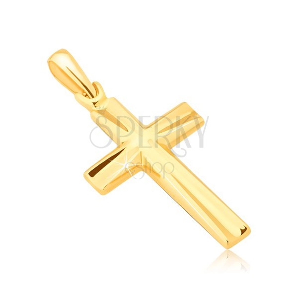 Přívěsek ve žlutém 14K zlatě - lesklý latinský kříž, vyhloubené trojúhelníky 