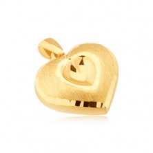 Zlatý přívěsek 585 - symetrické 3D srdce, vyhloubené srdíčko, saténový povrch