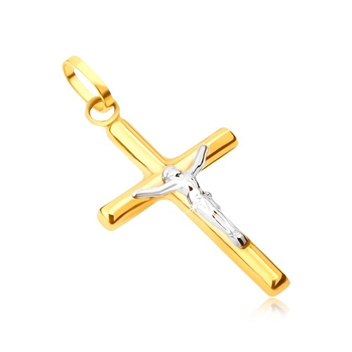 Levně Přívěsek ze 14K zlata - lesklý latinský kříž, ukřižovaný Kristus v bílém zlatě