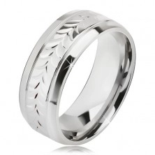 Lesklý ocelový prsten, rýhy, vzor z rozdvojených lístků