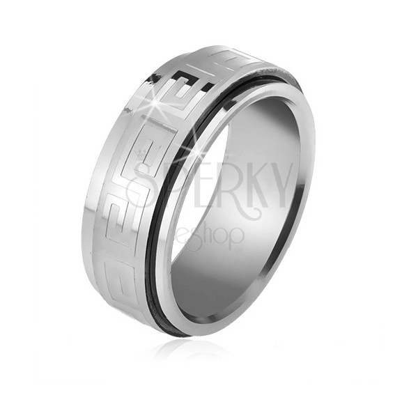 Ocelový prsten, točící se matná obruč s lesklým řeckým klíčem