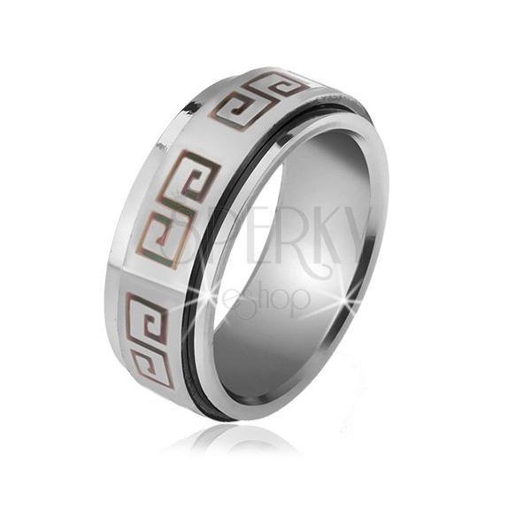 Lesklý prsten z oceli - matná točící se obruč, šedý řecký klíč