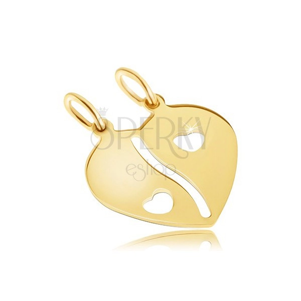 Dvojpřívěsek ve žlutém 14K zlatě - přelomené lesklé srdce, výřezy ve tvaru srdíček