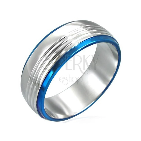 Prsten z chirurgické oceli se dvěma modrými pruhy