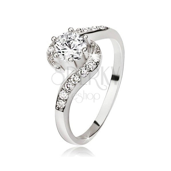 Stříbrný prsten 925, zvlněná zirkonová ramena, kulatý čirý kamínek