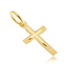 Přívěsek ve žlutém 14K zlatě - malý saténový latinský kříž, malý lesklý křížek