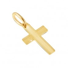 Přívěsek ve žlutém 14K zlatě - lesklý latinský kříž, tenké rýhy na okrajích