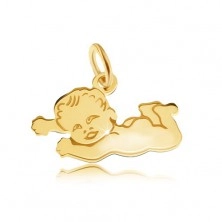 Plochý přívěsek ve žlutém 14K zlatě, lesklé nahé děťátko ležící na bříšku