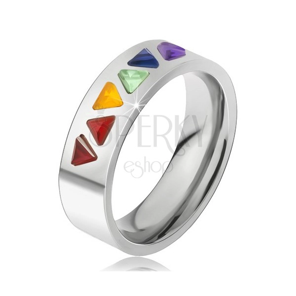 Lesklý prsten z oceli, barevné trojúhelníkové kamínky