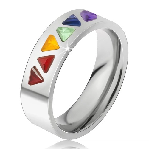 Lesklý prsten z oceli, barevné trojúhelníkové kamínky - Velikost: 60
