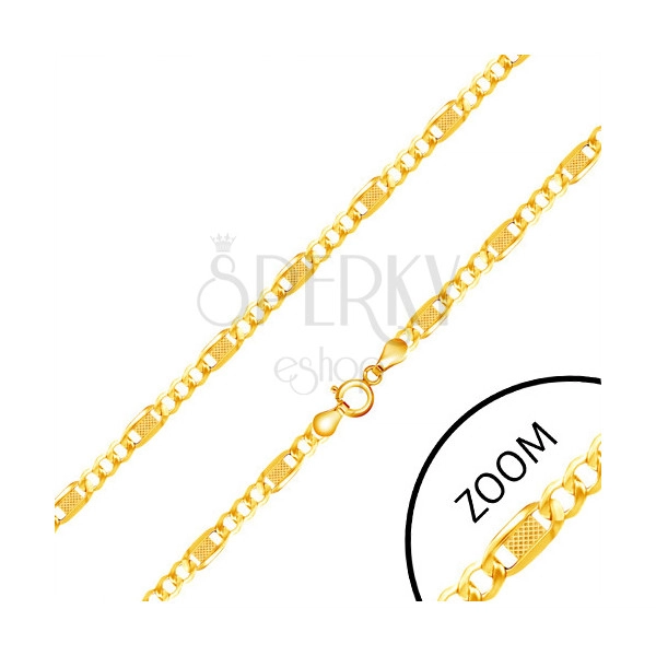 Řetízek ze žlutého 14K zlata, tři očka, dlouhý článek s mřížkou, 450 mm