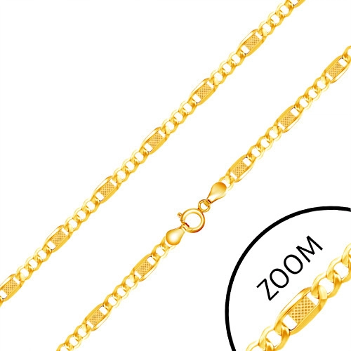 Řetízek ze žlutého 14K zlata, tři očka, dlouhý článek s mřížkou, 450 mm