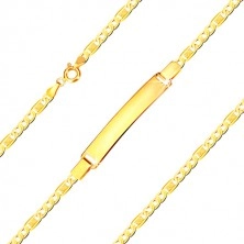 Zlatý 585 náramek s destičkou - oválná očka a článek s obdélníkem a mřížkou, 210 mm
