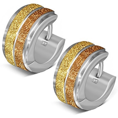 Levně Kruhové náušnice z oceli, dva pískované zlaté pásy