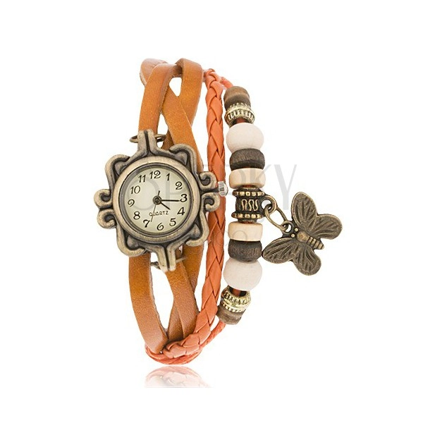 Analogové hodinky, ozdobně vyřezávané, pletený řemínek, korálky