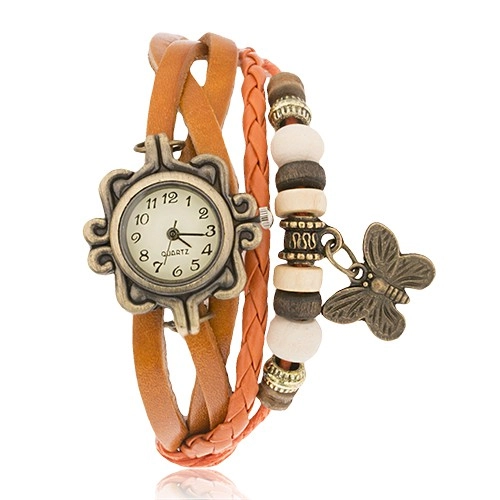 Levně Analogové hodinky, ozdobně vyřezávané, pletený řemínek, korálky
