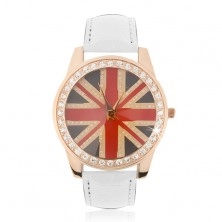 Náramkové hodinky z oceli - zlatorůžové, britská vlajka, bílý řemínek