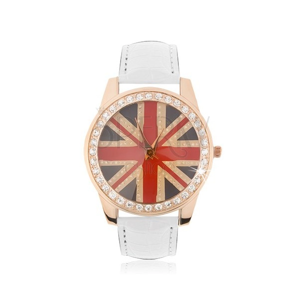 Náramkové hodinky z oceli - zlatorůžové, britská vlajka, bílý řemínek