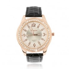 Ocelové hodinky zlatorůžové barvy - bledě růžový ciferník, zirkony