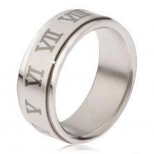 Lesklý prsten z oceli - matná točící se obruč, šedé římské číslice