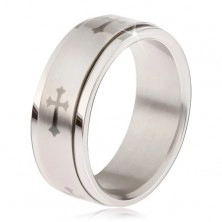 Lesklý prsten z oceli - matná točící se obruč, šedý potisk liliového kříže