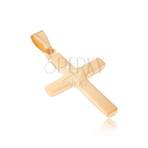 Přívěsek z chirurgické oceli zlaté barvy, matný latinský kříž, lesklá šipka